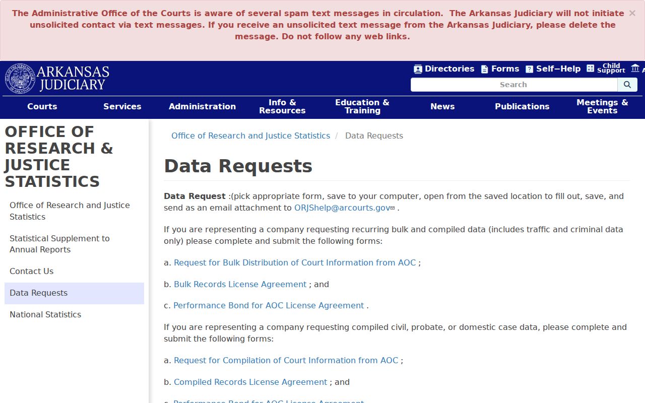 Cleveland County court records options on the Arkansas AOC data request page
