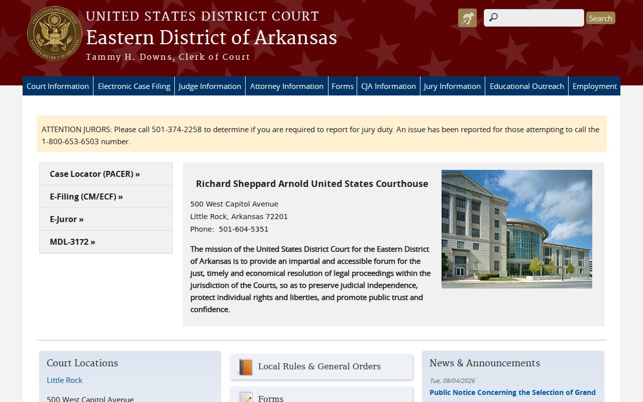 Eastern District of Arkansas source for Cleveland County federal court records