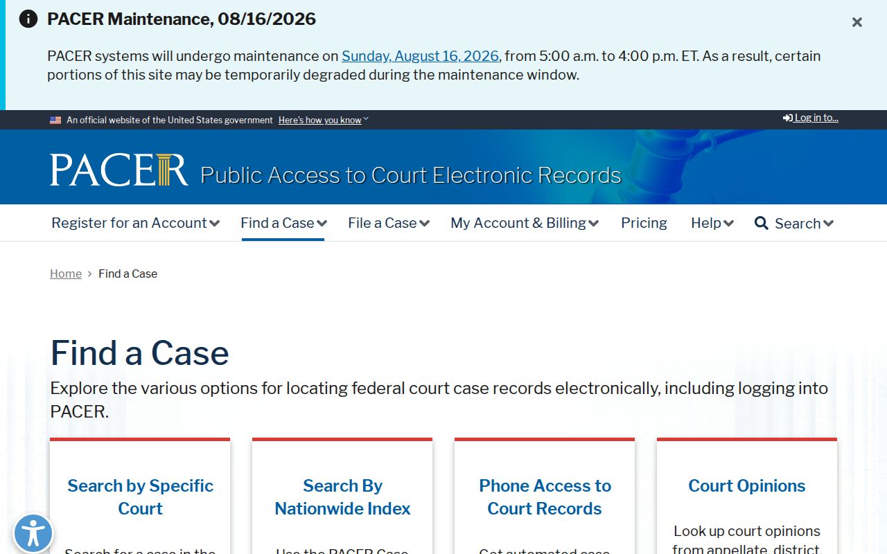 PACER Case Locator used for Cleveland County federal court records
