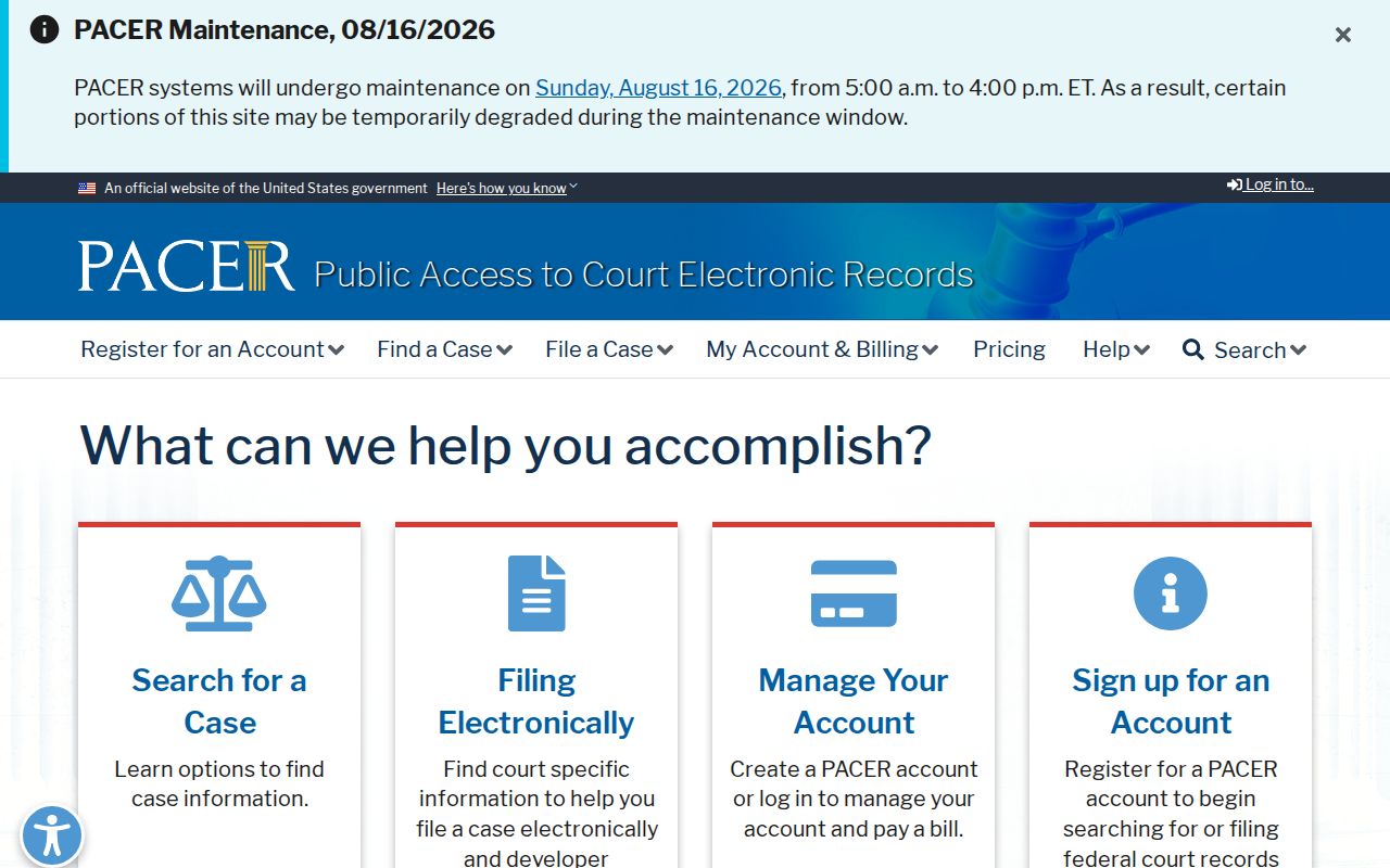 PACER public access page for Cleveland County federal court records
