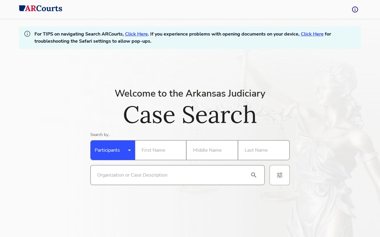 Cleveland County court docket Search ARCourts interface